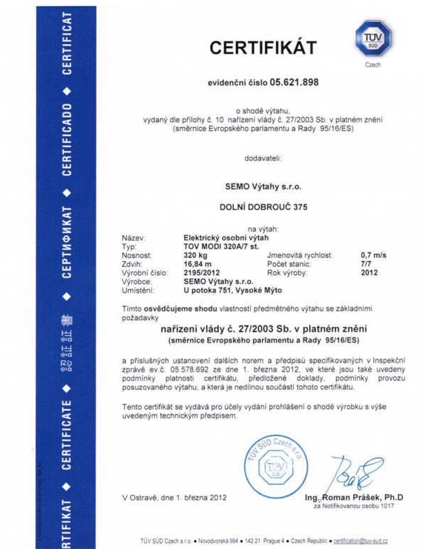 Certifikát TOV MODI 320